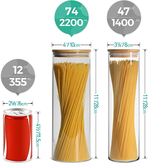 ComSaf Glass Spaghetti Pasta Storage Container with Lids 74oz, Tall Clear Airtight Food Storage Jar with Bamboo Cover Kitchen Pantry Storage Container for Noodles Flour Cereal Coffee Beans