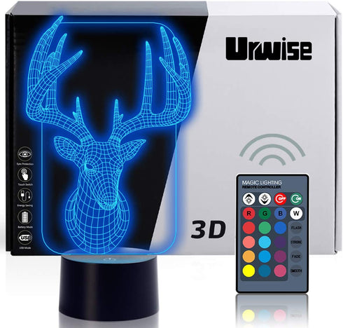 Elk Deer 3D Optical Illusion Night Lights, 7 Color Variations, Smart Touch Button USB and Battery Power, Amazing Creative Art Design for Children's 3192