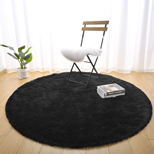 Chicrug Fluffy Round Area Rugs for Girls Bedroom, 4x4 Feet Shaggy Circle Area Rug for Living Room, Soft Fuzzy Carpets for Princess Room, Cute Rug Kids Circular Playmats for Baby Nursery Home, Black