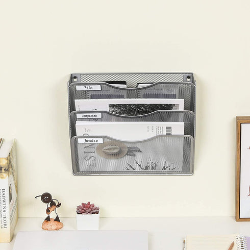 EasyPAG 3 Pocket Wall Mounted File Organizer Vertical Hanging File Folders Holder Paper Rack for Office Home,Silver