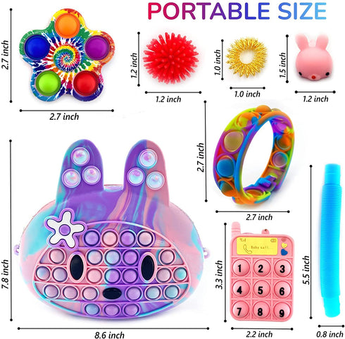 Exun Pop Crossbody Purse Bags Fidget Toy Pack, Push It Bubble Popper Sensory Easter Basket Stuffers Bunny Shoulder Bag for Girls Kids, Figetget Toys for Party Favors, Classroom Prizes, Birthday Gift
