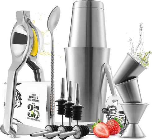 Eatex Bar Set Cocktail Shaker Set - Stainless Steel Bartender Kit, 16 Piece Cocktail Kit, Complete Cocktail Set, Bar Tools: Martini Shaker, Muddler, Cocktail Book, Jigger, Liquor Pourers - Silver