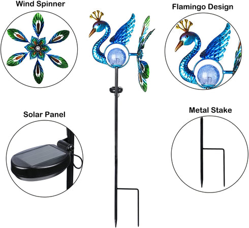 Peacock Wind Spinner Solar Garden Stake Lights - Cracked Glass Ball Waterproof Outdoor Peacock Decor Pathway Lights for Garden Patio Lawn