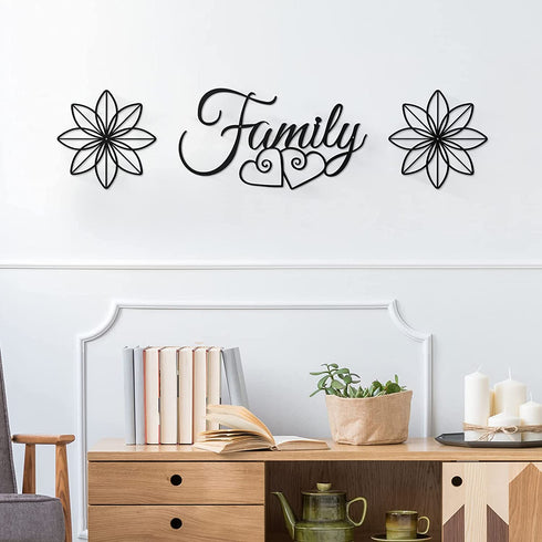 3 Pieces Family Metal Wall Sign Black Metal Family Word Wall Art Metal Family Wall Hanging Sign, 2 Pieces Black Metal Flower Wall Sculpture for Home Dining Room Kitchen Door Decorations Wall Decor
