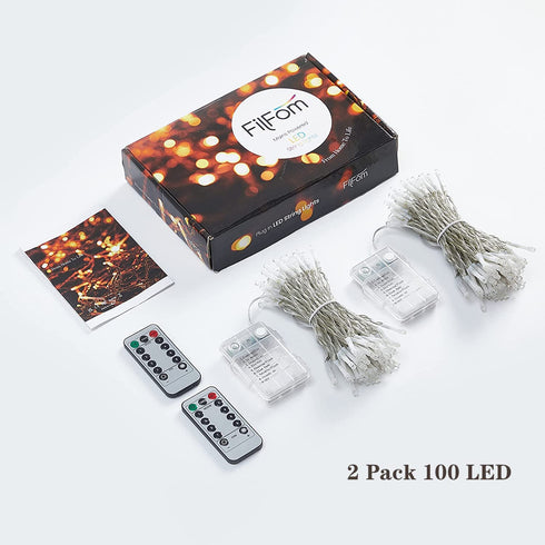 FilFom Battery Operated String Lights, 2 Pack 36ft 100 LED Fairy Lights With Remote, IP65 Waterproof Twinkle Lights 8 Mode Warm White Christmas Lights Outdoor for Bedroom Tree Indoor Party Decorations