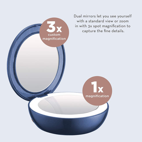 Conair Unbound Rechargeable Compact LED Lighted Makeup Mirror, 1x/3x Magnification, Blue