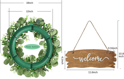 Momkids 18" Eucalyptus Wreath with Welcome Signs Fake Front Door Wreath Faux Eucalyptuses Leaves Hanging Farmhouse Wreath for Living Room Kitchen Balcony Window Porch Wedding Party Decoration