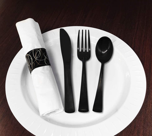 Party Essentials Party Supplies Wrapped Silverware Set Disposable, Pre Rolled Napkin and Cutlery, Spoons/Forks/Knives Black, 25 Units