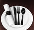 Party Essentials Party Supplies Wrapped Silverware Set Disposable, Pre Rolled Napkin and Cutlery, Spoons/Forks/Knives Black, 25 Units