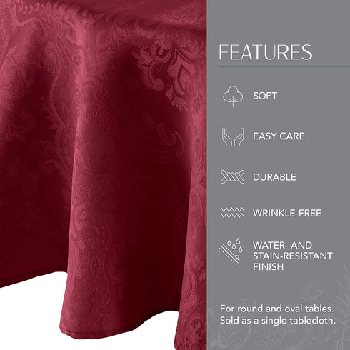 Elrene Home Fashions Caiden Elegance Damask Fabric Tablecloth, 90" Round, Cranberry