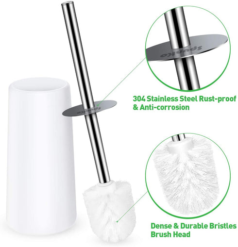 SpunKo Toilet Brush and Holder Set, 2 Pack WC Toilet Bowl Brush Cleaner with 304 Stainless Steel Long Handle, Toilet Scrubber Brush for Commercial Bathroom Restroom Deep Cleaning (White-2 Pack)
