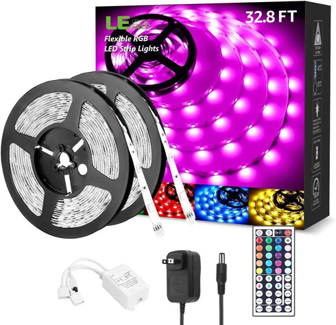 LED Lights for Bedroom 32.8ft, RGB LED Light Strips, 5050 LED Color Changing Tape Light with 44 Key Remote and 12V Power Supply, LED Lights for Room, TV Backlight, Kitchen, Bar