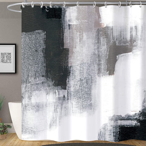 Miyotaa Black White Gray Shower Curtain Set 60Wx71H Inches Abstract Art Painting Ombre Brush Strokes Contemporary Polyester Waterproof Cloth Bathroom Curtain with 12 Hooks