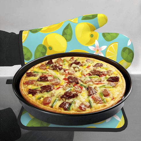 VEIZKUO Lemon Pattern Yellow Oven Mitts Cute Pot Holders Sets for Kitchen Hot Pads Heat Resistant Washable for Counter Table Decorative BBQ Cooking Baking Grilling, One Size