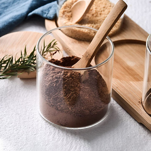2 Sets 300ML/10Oz Clear Glass Jar with Bamboo Lid and Wooden Spoon, Cute Sugar Bowl Bath Salt Storage Canister Seasoning Container Condiment Pot with Scoop for Spice, Pepper for Kitchen, Countertop