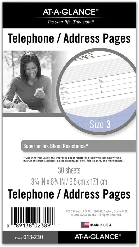 AT-A-GLANCE Day Runner Telephone and Address Pages, Refill, Loose-Leaf, Undated, for Planner, 3-3/4" x 6-3/4", Size 3, 30 Sheets/Pack (013-230)