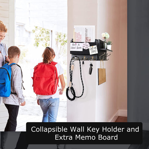 Tikea Mail Holder for Wall - Wood Key Hanger Key Hooks Wall Mount Collapsible Decorative Shelf for Letters, Bills, Entryway Rack, Extra Felt Memo Board