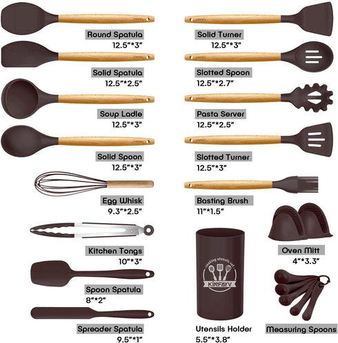 Kinfayv Silicone Cooking Utensils Kitchen Utensil Set, 21 PCS Wooden Handle Nontoxic BPA Free Silicone Spoon Spatula Turner Tongs Kitchen Gadgets Utensil Set for Nonstick Cookware with Holder (Coffee)