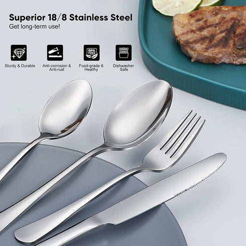 36-Piece Silverware Set with Steak Knives for 6, Food-Grade Stainless Steel Flatware Includes Spoons Forks Knives,Tableware Cutlery Set For Home Office Restaurant Hotel, Mirror Finish, Dishwasher Safe