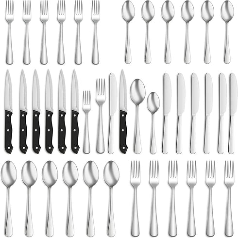 36-Piece Silverware Set with Steak Knives for 6, Food-Grade Stainless Steel Flatware Includes Spoons Forks Knives,Tableware Cutlery Set For Home Office Restaurant Hotel, Mirror Finish, Dishwasher Safe