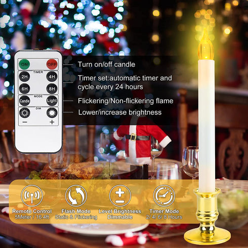 Window Candles for Christmas Decorations, Deaunbr Battery Operated 6 Pack LED Lights Electric Taper Flameless Candle with 2 Remote,Timers,6 Holders for Valentine's Day, Home Party Decor - White & Gold