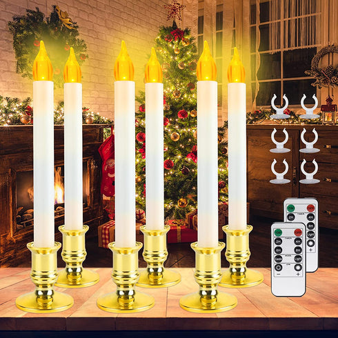 Window Candles for Christmas Decorations, Deaunbr Battery Operated 6 Pack LED Lights Electric Taper Flameless Candle with 2 Remote,Timers,6 Holders for Valentine's Day, Home Party Decor - White & Gold