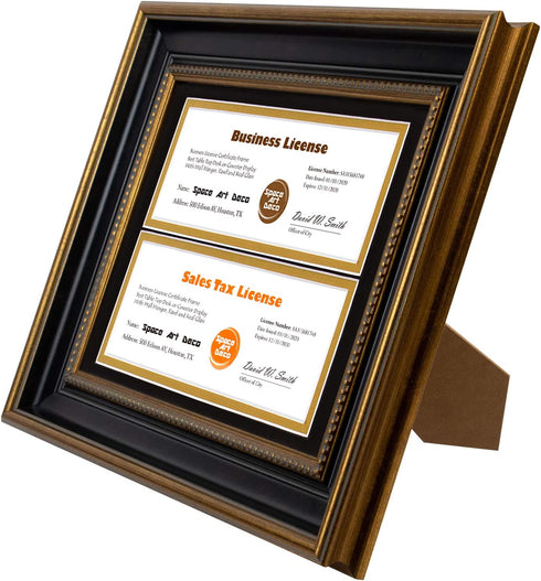 Space Art Deco, 8.5x11 for Business License Frame, Black Over Gold Double Mat with Two 4x9 Business License Openings, Easel Stand, Sawtooth Hanger (Black/Ornate Gold Design)