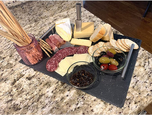 Home Basics Slate Serving Tray with Stainless Steel Handles, Gourmet Board with Natural Edge for Cheese, Appetizer, Baked Goodies, Dry Fruits, 12" x 16", Black