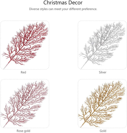 HEMOTON 12PCS Artificial Pine Branches Glitter Pine Needles Spray Stems Faux Cedar Spray Picks Greenery DIY Accessories for Christmas Holiday Winter Garden Decor Silver