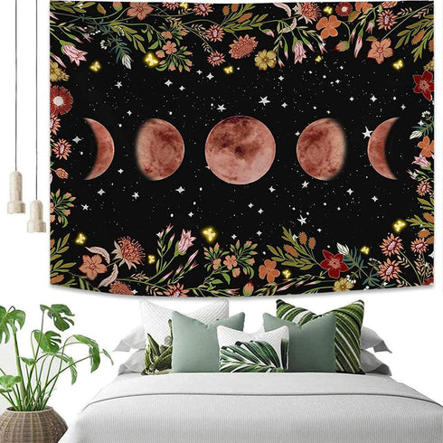 ENJOHOS Moonlit Garden Tapestry Moon Phase Surrounded by Vines and Flowers Black Background Wall Art Hanging for Girls Bedroom Living Room Dorm Decor(79x59 inches,Beautiful Moonlit)