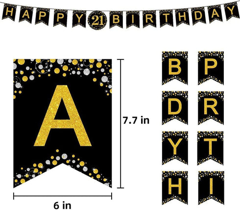 Trgowaul 21st Birthday Party Supplies - Black and Gold Disposable Paper Plates, Napkins, Cups, Tablecover Forks, Knives and Spoons for 24 Guests and Party Number Balloon Decorations Banner