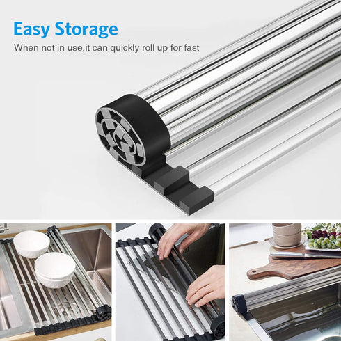 Dish Drying Rack 17.5" x 15", G-TING Over Sink Roll Up Large Dish Drainers Rack, Multipurpose Foldable Kitchen Sink Rack Mat Stainless Steel with Silicone Rims for Dishes, Cups, Fruits Vegetables