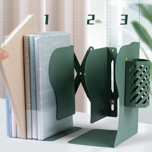 Adjustable Book Ends, Hmseng Bookends Book Holders for Shelves, Desk Magazine File Organizer Holder for Office, Books, Papers, Extends up to 19 inches.Scratch-Resistant Hand Coating-Green