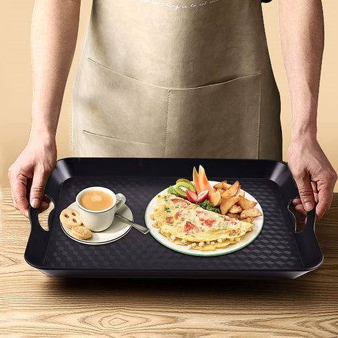 Plastic Tray with Handles, 2 Pack Multi-Purpose Rectangular Non Slip Restaurant Serving Trays Set for Parties, Coffee Table, Kitchen (Black-A)