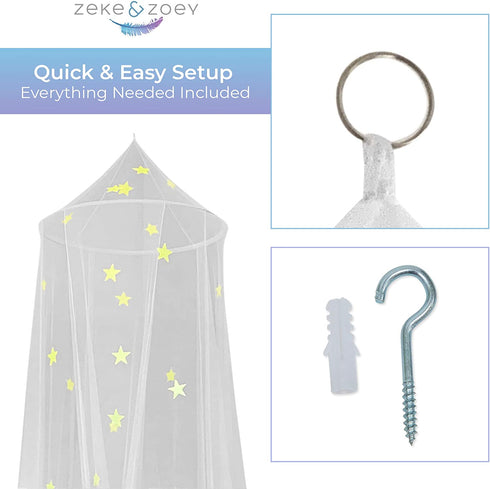 Zeke and Zoey Kids Hanging Bed Canopy for Girls Bed or Boys with Glow in The Dark Stars, The Bed Netting Stars Will Light up Your Child™s own Galaxy. Ideal Bedroom Decorative Tent