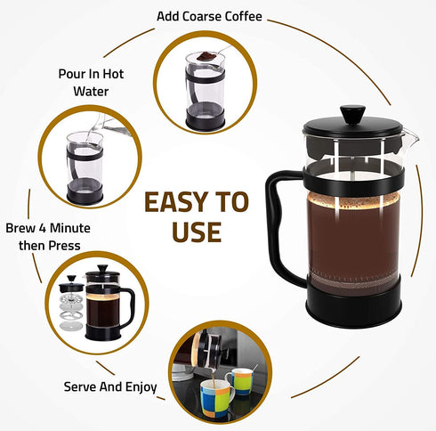 Utopia Kitchen French Press Espresso and Tea Maker with Triple Filters, Stainless Steel Plunger and Heat Resistant Borosilicate Glass (Black)