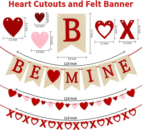 4Pcs Valentines Day Decorations Valentine's Day Decor Set No DIY Required Felt BE MINE Love Heart XO Garlands Banner for Home Classroom Office Wedding Party Anniversary