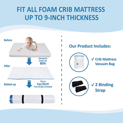 Crib Mattress Vacuum Bag, Protect & Compress Crib Mattress by 80%,Heavy Duty Zippered Crib Mattress Storage Bag for Moving Crib & Crib Storage, Infant Mattress Storage Bag