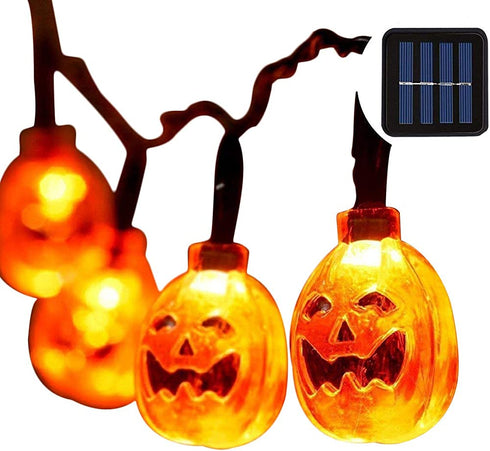 Solar Halloween Lights with led Pumpkin Light,Jack o Lantern Light 33ft 50LEDs,Orange Halloween Lights Outdoor for Patio, Garden,Parties (IP65 Waterproof,8 Light Modes Warm White)