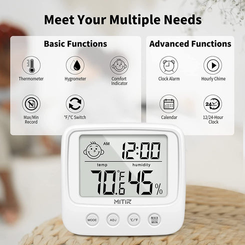 MITIR Digital Hygrometer Indoor Thermometer for Home, Humidity Meter, Room Thermometer Indoor Humidity Sensor with Clock, Humidity Gauge with Temperature and Humidity Monitor, Hygrometer Thermometer