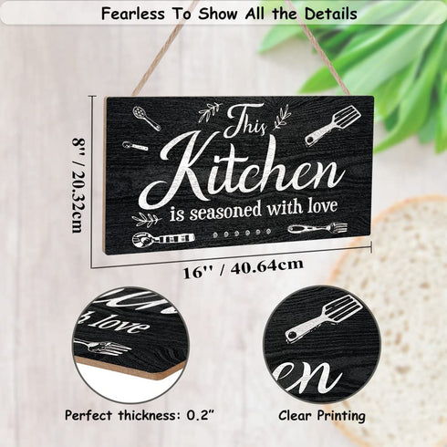 TOARTi Modern Kitchen Wood Hanging Sign Plaque, Kitchen is Seasoned with Love Wooden Hanger, Warming Saying Wall Art Sign for Kitchen, Restaurant, Farmhouse Decor (8''x16'')