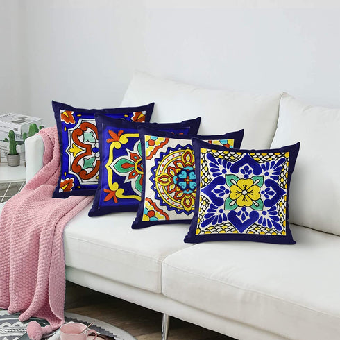 Semtomn Set of 4 Linen Throw Pillow Covers Spanish Talavera Exotic Geometry Dark Retro Ethnic Home Decorative 20"x20" Flax Pillow Cases Cushion Square Pillowcases