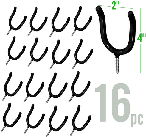 ALAZCO 16 Black Vinyl Coated Steel Wall Mount Screw-in Heavy Duty Tool Holders 4? Utility U-Hooks for Garage Workshop Storage Hang Shovels Rakes Brooms Garden Tools Sports Equipment Tennis Racket