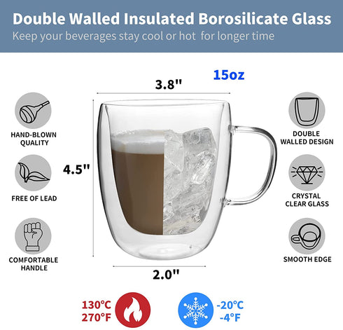 HORLIMER 15 oz Double Walled Insulated Glass Coffee Mugs Set of 2, Clear Coffee Cup with Handle for Espresso Cappuccino Latte Tea Milk Juice