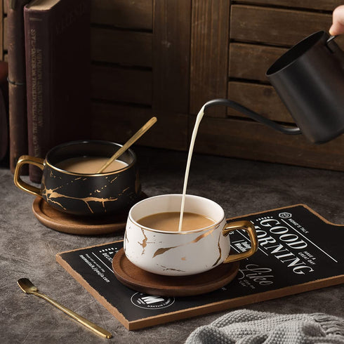 TILANY Tea Cup and Wooden Saucer Set - Luxury 10 Oz Ceramic Latte Mug with Golden Spoon & Coffee Saucer Fancy Gold Planted Handle Coffee Cups Modern Teacup Set for Women, Men (White)