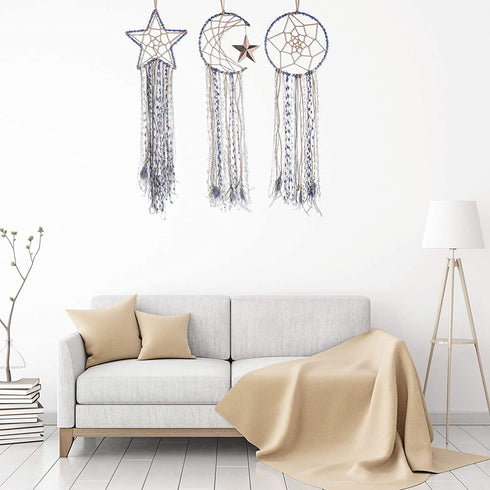Jetec 3 Pieces Dream Catcher Moon Sun Star Design Blue Handmade Modern Dreamcatcher for Wall Hanging Home Decoration