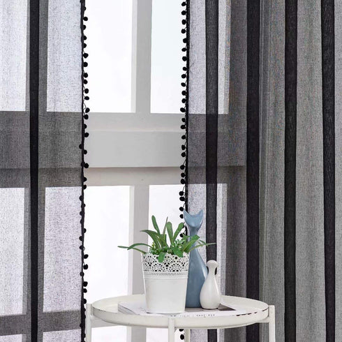 MISS SELECTEX Linen Look Pom Pom Tasseled Sheer Curtains - Rod Pocket Voile Semi-Sheer Curtains for Living and Bedroom, Set of 2 Curtain Panels (52 x 63 inch, Black)