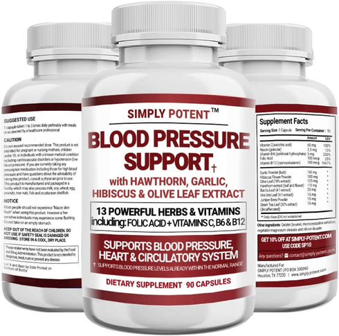 Blood Pressure Support Supplements - Healthy Heart, Cholesterol, Cardio, Hypertension, High BP - 13 Vitamins & Herbs - Folic Acid, Vitamins C B6 & B12, Hawthorn Olive Leaf Garlic Hibiscus, 90 Capsule