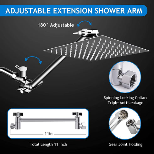 Shower Head Combo,10 Inch High Pressure Rain Shower Head with 11 Inch Adjustable Extension Arm and 5 Settings Handheld Shower Head Combo,Powerful Shower Spray Against Low Pressure Water with Long Hose