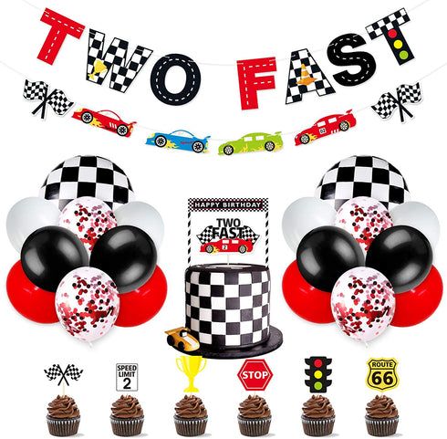 Race Car Two Fast Party Decorations Supplies Racing Theme 2nd Birthday Party Banner Race Car Second Birthday Cake Topper Checkered Flags Balloons for Let's go Racing Theme Sports Event Party Supplies
